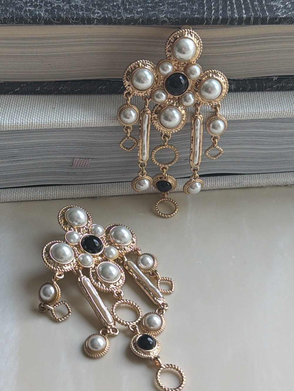 Elegant Gold-Tone Pearl & Black Stone Drop Earrings - Women Jewelry